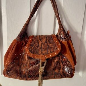 Marciano Brown Snake Print Suede Shoulder Bag